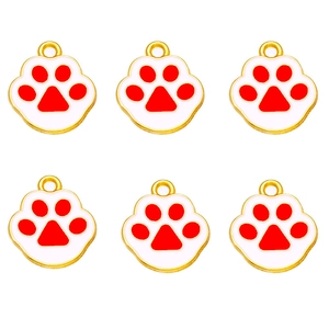 Set of 6 cute cat paw charms with white enamel and red prints on gold alloy base