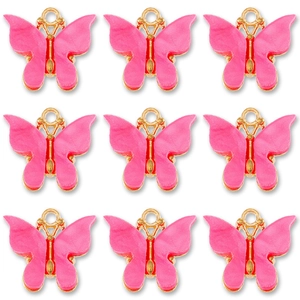Set of 9 pink resin butterfly charms with golden metal alloy frames for DIY jewelry making