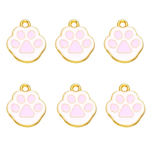Set of six cute pink enamel cat paw pendants with gold frames for DIY jewelry crafting