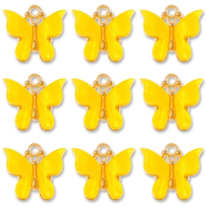 Set of nine yellow resin butterfly pendants with golden metal edges and shimmering texture