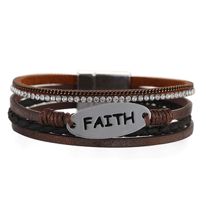 Handgefertigtes Mehrschichtiges Geflochtenes Lederarmband Mit Glaubensbrief Metallschild Magnetverschluss Strass Inlaid Bohemian Schmuck
