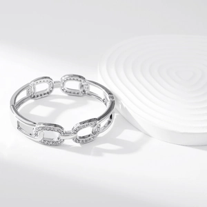 Elegant silver hollow chain link bracelet with sparkling rhinestones and hinge closure