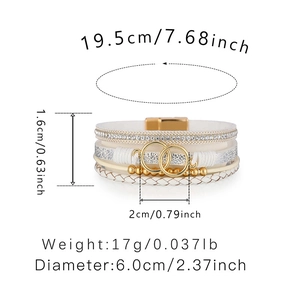 White leather wrap bracelet dimensions showing length width and magnetic closure specs