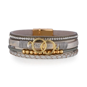 Multilayer leather wrap bracelet with golden figure-eight infinity link and magnetic clasp