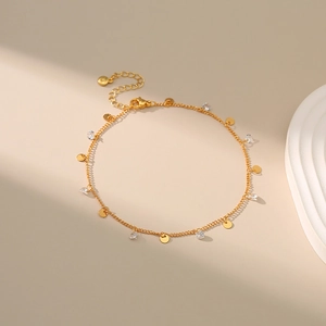 Tobillera bañada en oro de 18K con lentejuelas redondas y circonitas brillantes