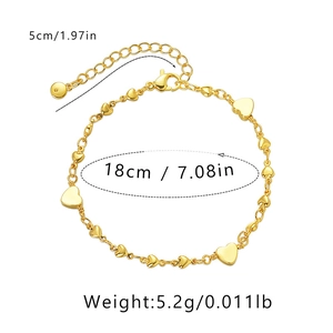 Detailed size specifications for the gold heart bracelet showing 18cm main chain and lobster clasp