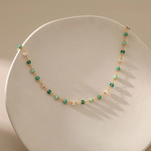 18K gold plated necklace with light green crystal beads and adjustable chain for summer