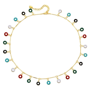 Bohemian gold necklace with colorful enamel bead charms and adjustable extender chain