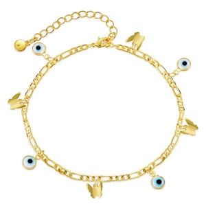 Bracelet de cheville doré avec œil porte-bonheur et papillon sur chaîne Figaro réglable