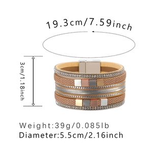Detailed view of multilayer leather bracelet with rhinestones and magnetic buckle dimensions