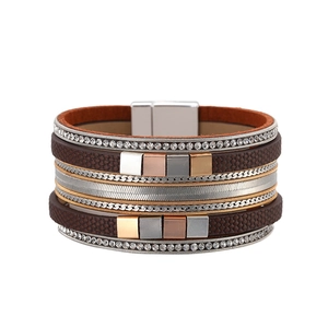 Detail of multi-layer leather bracelet with rhinestone bands and magnetic square clasp