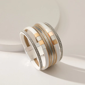 Multi-layer leather and rhinestone bracelet with square pendant and magnetic clasp