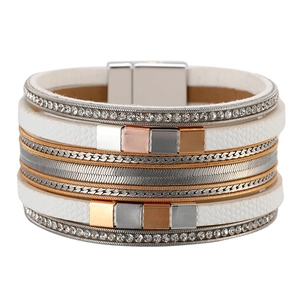 Multilayer leather wrap bracelet with sparkling rhinestones and magnetic buckle clasp