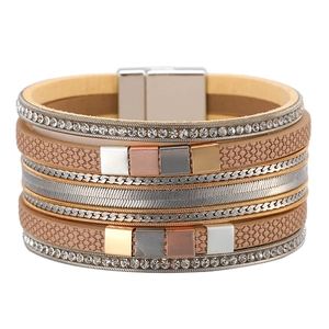 Multilayer wrap bracelet with rhinestones, metal cubes and secure magnetic clasp