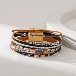 Bohemian multi-layer leather bracelet with metallic leaf charms and magnetic clasp