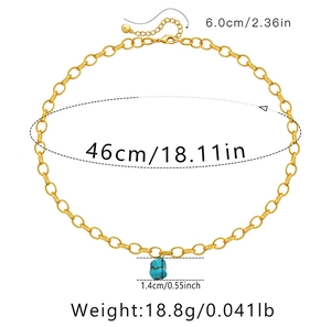 Detail van turquoise hanger ketting met afmetingen en handige karabijnsluiting