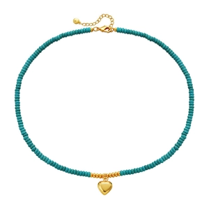 Handmade turquoise beaded necklace featuring a polished gold heart-shaped pendant