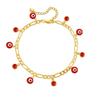 Bracelet de cheville Figaro doré avec pendentifs mauvais œil rouges et cristaux