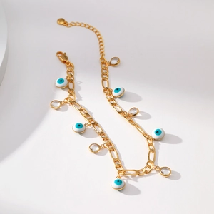 Bracelet de cheville en laiton doré 18K avec breloques œil bleu et pendentifs en cristal