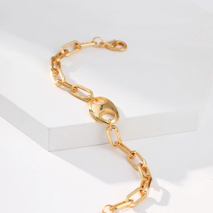 Macro detail of a classic gold pig-nose charm link bracelet on white display stand