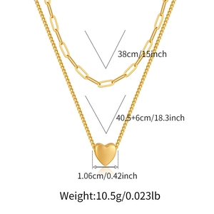 Double-layer 18K gold plated brass necklace with paperclip chain and heart pendant