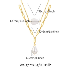Detail view of gold double layer necklace with dimensions and drop pearl pendant