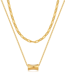 Detail of 18K gold plated double layer necklace with paperclip chain and cylinder charm