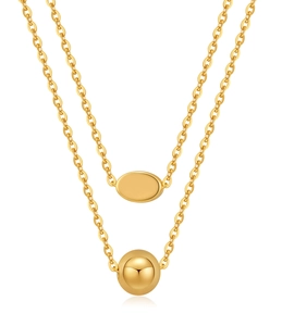 Detail of double-layer 18K gold plated necklace with oval and bead pendants on white base