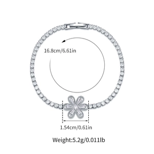 Silver flower tennis bracelet with square zircons and center floral design dimensions