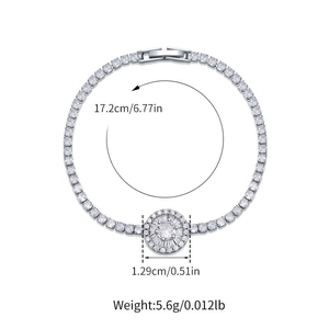 Detailed view of silver tennis bracelet with layered round cluster pendant and 17.2cm length