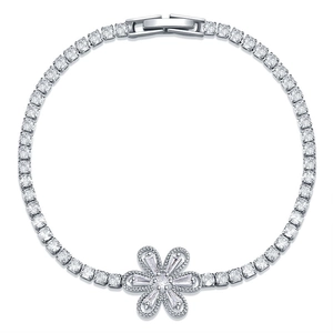 Elegant floral tennis bracelet with square-cut zircons and silver flower accent