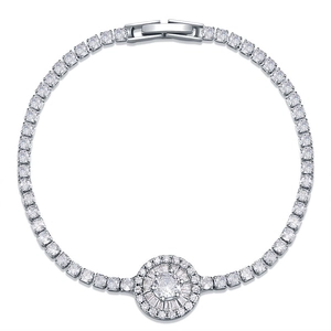 Elegant silver tennis bracelet with zircon accents and center halo disc design