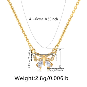 Detailed view of butterfly pendant with clear zircon stones and gold-plated chain measurements