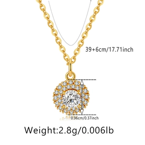 Detail view of golden sunflower pendant with center stone and size specifications