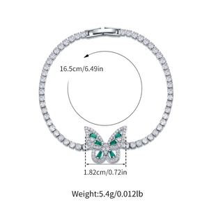 Detail view of butterfly bracelet dimensions with green zirconia and silver plating