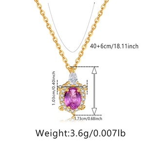 Detailed size specifications for gold turtle necklace featuring pink stone and white zircons