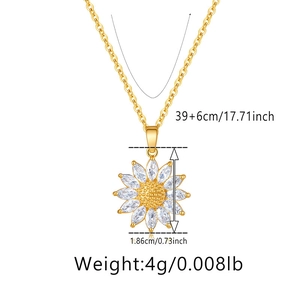 Detailed view of sunflower pendant necklace with white zircon petals and gold chain