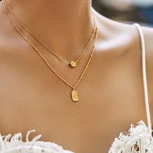 Elegant 18K gold-plated double-layer necklace featuring rose and rectangular pendants