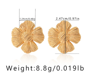 Detail view of gold clover earrings showing textured weave pattern and metal craftsmanship