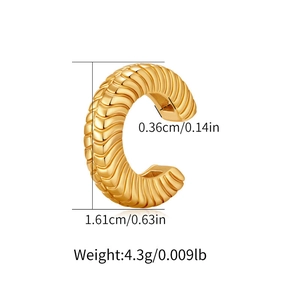 French style gold ribbed ear cuff with minimalist C-shape and retro industrial texture