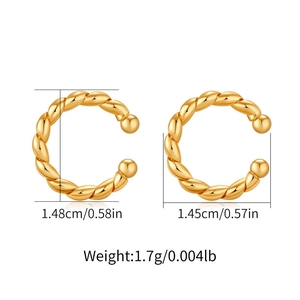 Detail of twisted gold-plated ear cuffs with round ball ends and dimensions shown