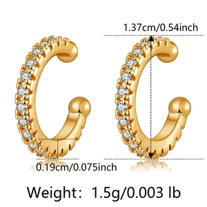 Manchette d'oreille en laiton doré avec double rangée de zircons et dimensions incluses