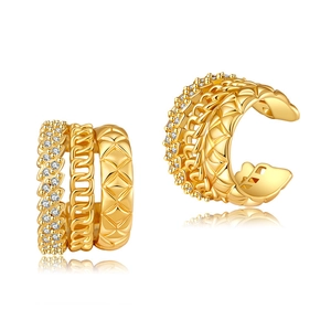 Manchette d'oreille à 3 rangs plaquée or 18 carats avec zircons, chaîne et motif en X gravé