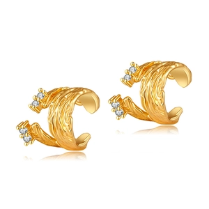 Lava texture 18K gold plated ear cuff with sparkling zircon inlay for non-pierced ears