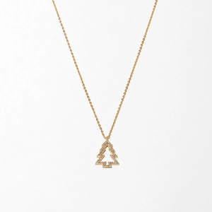 Detailed close-up of golden starfish necklace with hollow Christmas tree pendant and zircon