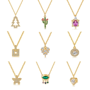 Copper 18K Gold Plated Rhinestone Pendant Necklace For Women Starfish Heart Butterfly Christmas Tree Cactus Jewelry