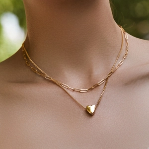 Double-layered 18K gold plated paperclip chain necklace with a 3D heart pendant