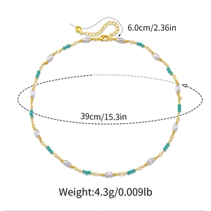 Bohemian gold-plated necklace with white ABS pearls and turquoise beads, 39+6cm length