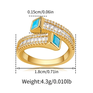 Dettaglio dell'anello placcato in oro con pietre turchesi e specifiche delle dimensioni