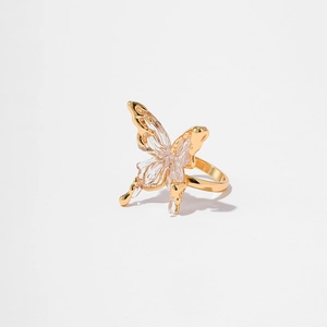 Eleganter goldener Schmetterlingsring mit Kristallflügeln und Flüssigmetall-Rahmen-Stil